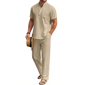 COOFANDY Cotton Linen Sets For Men 2 pc Henley Shirt Short Sleeve Beach Pants Outfits