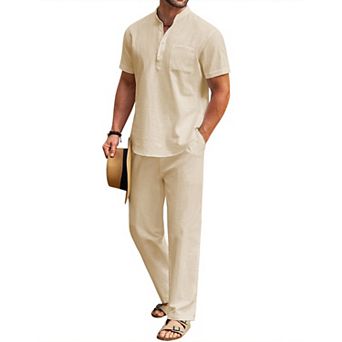 COOFANDY Cotton Linen Sets For Men 2 pc Henley Shirt Short Sleeve Beach Pants Outfits