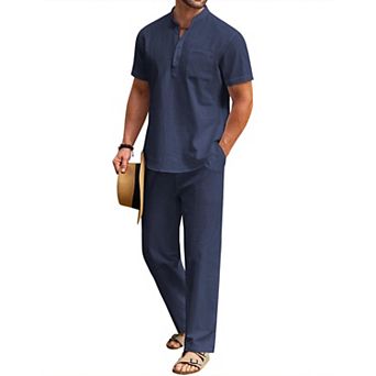 COOFANDY Cotton Linen Sets For Men 2 pc Henley Shirt Short Sleeve Beach Pants Outfits