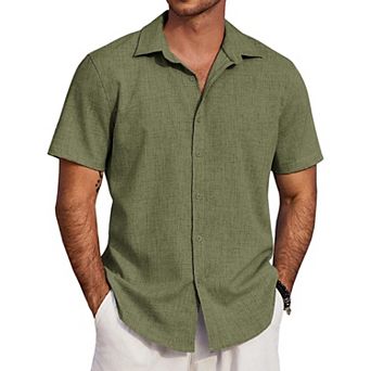 COOFANDY Men's Linen Texture Shirt Short Sleeve Untucked Dress Shirts Summer Vacation Shirts