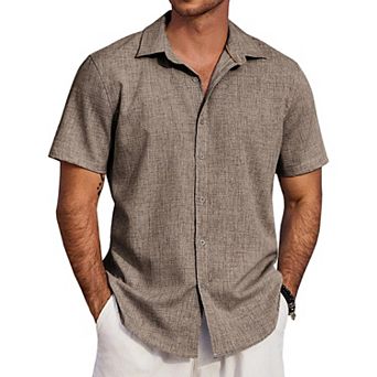 COOFANDY Men's Linen Texture Shirt Short Sleeve Untucked Dress Shirts Summer Vacation Shirts