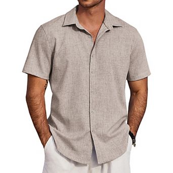 COOFANDY Men's Linen Texture Shirt Short Sleeve Untucked Dress Shirts Summer Vacation Shirts