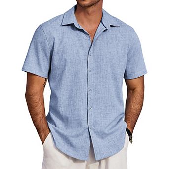 COOFANDY Men's Linen Texture Shirt Short Sleeve Untucked Dress Shirts Summer Vacation Shirts