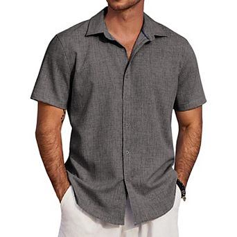 COOFANDY Men's Linen Texture Shirt Short Sleeve Untucked Dress Shirts Summer Vacation Shirts