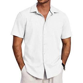COOFANDY Men's Linen Texture Shirt Short Sleeve Untucked Dress Shirts Summer Vacation Shirts