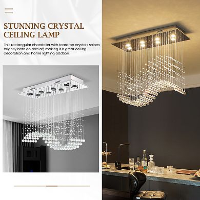 Moooni 8 Lights Rectangular Wave Raindrop Chandelier Flush Mount Crystal Chandelier No Bulbs