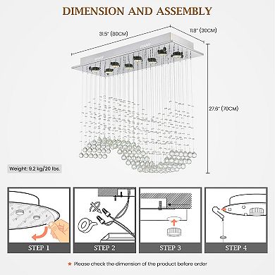 Moooni 8 Lights Rectangular Wave Raindrop Chandelier Flush Mount Crystal Chandelier No Bulbs