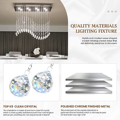 Moooni 8 Lights Rectangular Wave Raindrop Chandelier Flush Mount Crystal Chandelier No Bulbs