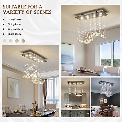 Moooni 8 Lights Rectangular Wave Raindrop Chandelier Flush Mount Crystal Chandelier No Bulbs