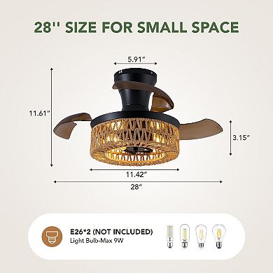 Moooni 28" Retractable Ceiling Fan with Light Flush Mount Caged Boho Fandelier Remote Control