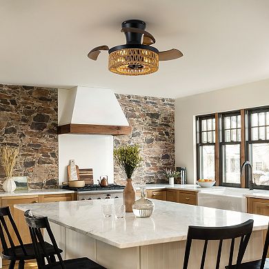 Moooni 28" Retractable Ceiling Fan with Light Flush Mount Caged Boho Fandelier Remote Control