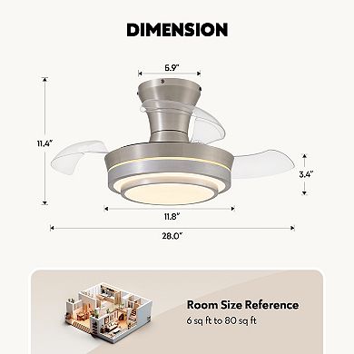 Moooni 28" Retractable LED Ceiling Fan with Light Dimmable Low Profile Fandelier Remote&APP Control