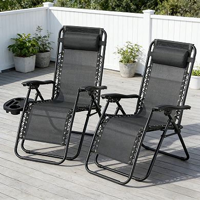 Set of 2 Zero Gravity Lounge Chairs Outdoor Folding Recliners with Pillow and Cup Holder