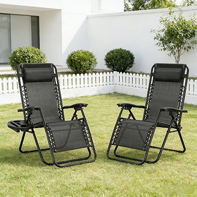 Set of 2 Zero Gravity Lounge Chairs Outdoor Folding Recliners with Pillow and Cup Holder