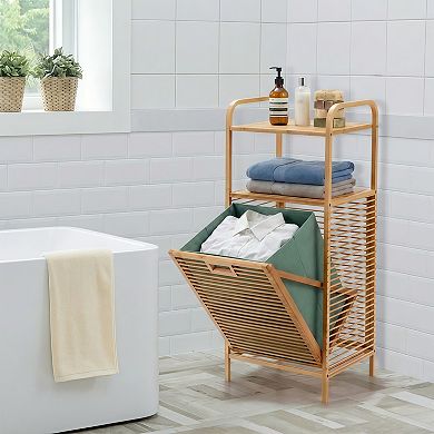 100% Natural Bamboo Bathroom Shelf with Tilt-Out Laundry Hamper