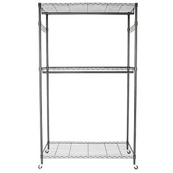 2 tier Rod Closet Organizer Garment Rack with Storage Shelves and Hooks