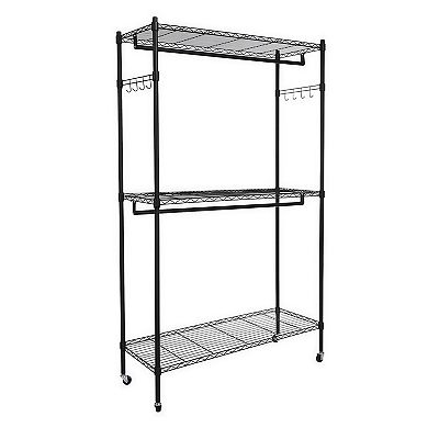 2-Tier Rod Closet Organizer Garment Rack with Storage Shelves and Hooks