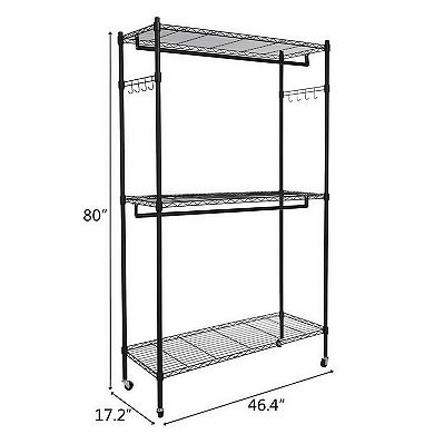 2-Tier Rod Closet Organizer Garment Rack with Storage Shelves and Hooks