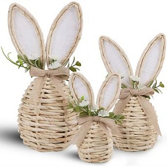 Set of 3 Rattan Easter Bunny Tabletop Decorations with Floral Accents