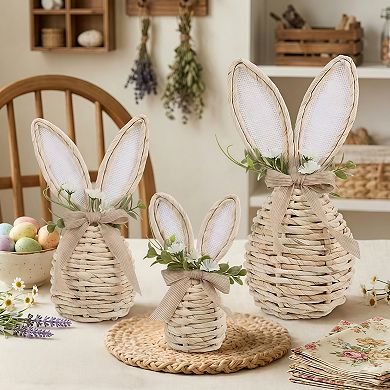 Set of 3 Rattan Easter Bunny Tabletop Decorations with Floral Accents