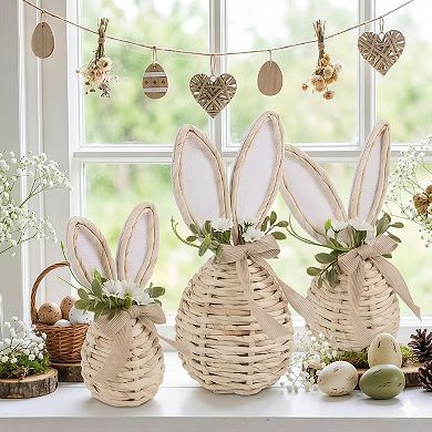 Set of 3 Rattan Easter Bunny Tabletop Decorations with Floral Accents