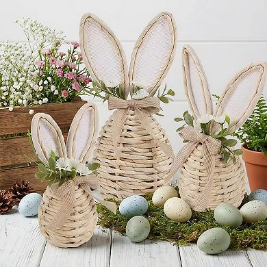 Set of 3 Rattan Easter Bunny Tabletop Decorations with Floral Accents