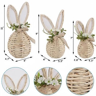 Set of 3 Rattan Easter Bunny Tabletop Decorations with Floral Accents