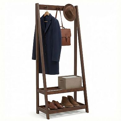 Solid Rubber Wood Freestanding Coat Rack with Hooks & Shelves