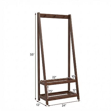 Solid Rubber Wood Freestanding Coat Rack with Hooks & Shelves