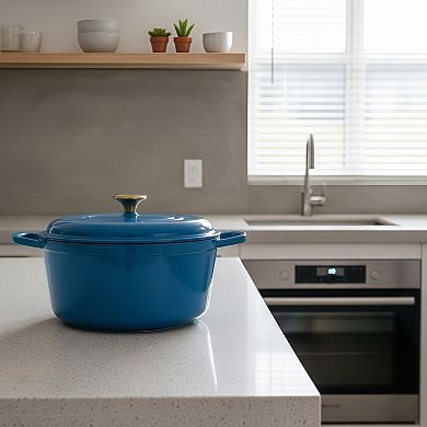 4.75 QT Enameled Cast Iron Round Dutch Oven with Gold Tone Knob Blue