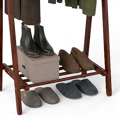 Solid Rubber Wood Folding A-Frame Coat Rack with Bottom Storage Shelf