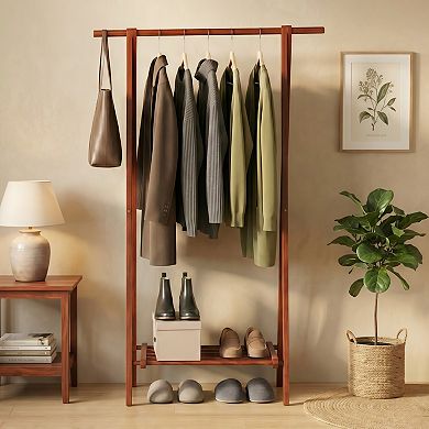 Solid Rubber Wood Folding A-Frame Coat Rack with Bottom Storage Shelf