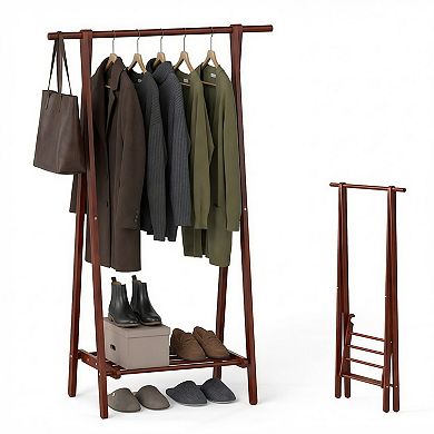 Solid Rubber Wood Folding A-Frame Coat Rack with Bottom Storage Shelf
