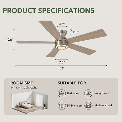 Moooni 52" Ceiling Fan with Lights Modern Reversible Fandelier with Remote & APP Control for Bedroom