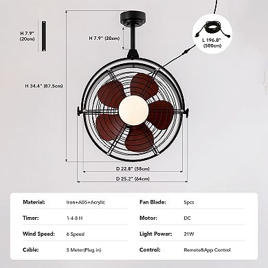 Moooni 25" Outdoor Waterproof Ceiling Fan with Light 3CCT Dimmable Plug in Caged Ceiling Fan