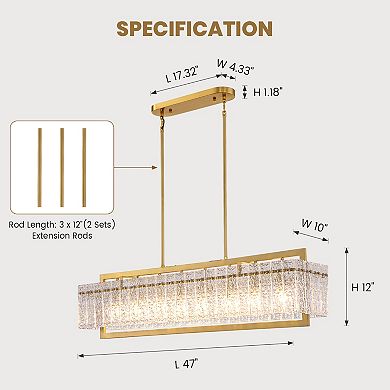 Moooni 8 Lights 47" Luxury Gold Modern Rectangle Crystal Chandelier Pendant Light Fixture No Bulbs