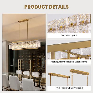 Moooni 8 Lights 47" Luxury Gold Modern Rectangle Crystal Chandelier Pendant Light Fixture No Bulbs