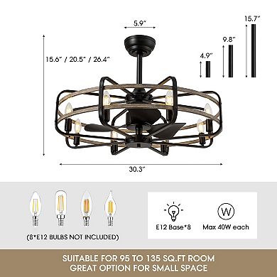 Moooni 30" Industrial Caged Ceiling Fan with Light Farmhouse Fandelier with Remote Control No Bulbs