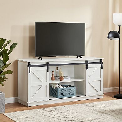 Farmhouse TV Stand and Entertainment Center with Sliding Barn Doors and Storage Cabinets