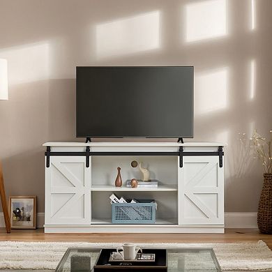 Farmhouse TV Stand and Entertainment Center with Sliding Barn Doors and Storage Cabinets