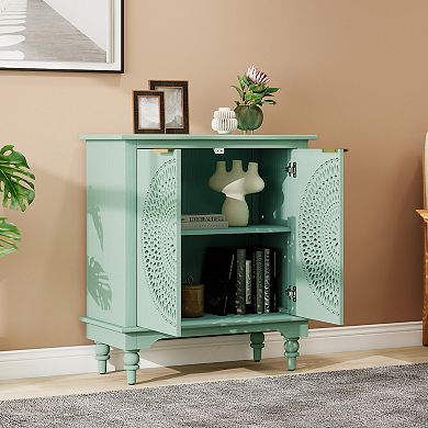 Modern Hollow-Carved 2-Door Accent Cabinet Sideboard Buffet with Adjustable Shelf Light Green