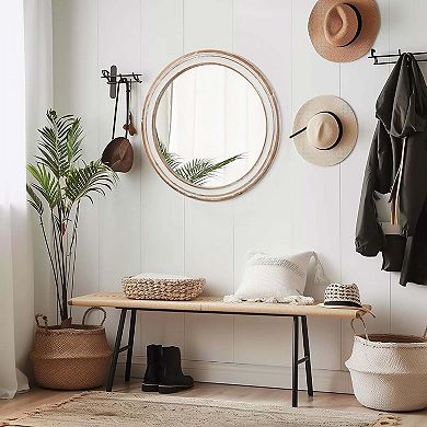 23.62 inch Round Wall Mirror for Bathroom Vanity, Antique Natural Wood and White
