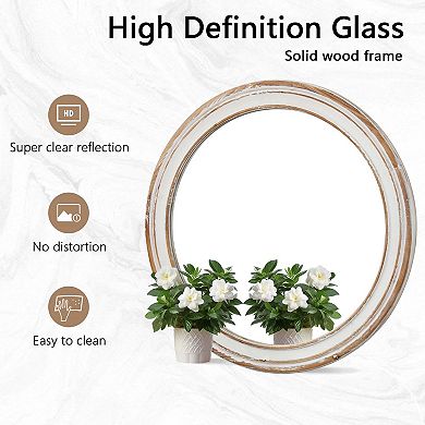 23.62 inch Round Wall Mirror for Bathroom Vanity, Antique Natural Wood and White
