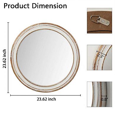 23.62 inch Round Wall Mirror for Bathroom Vanity, Antique Natural Wood and White