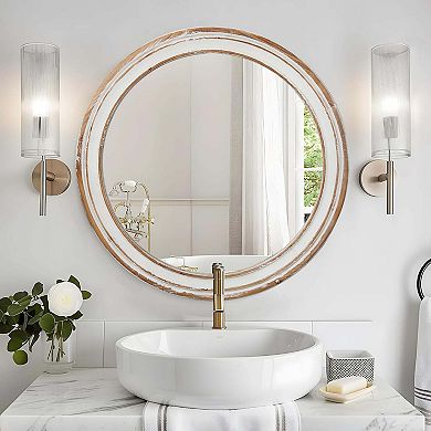 23.62 inch Round Wall Mirror for Bathroom Vanity, Antique Natural Wood and White