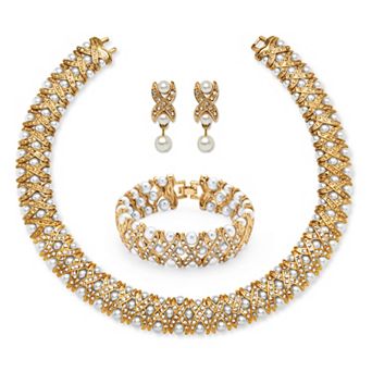 PalmBeach Jewelry Simulated Pearl and Crystal Three-Piece Jewelry Set in Yellow Goldtone