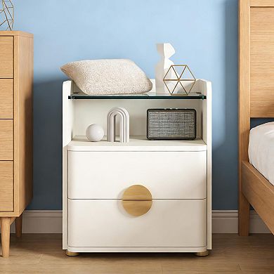 Minimalist Side Cabinet Bedside Table Nightstand with 2 Drawers and Open Shelf