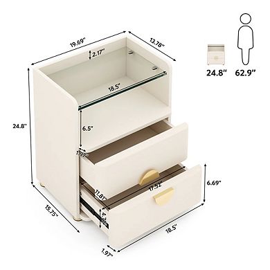 Minimalist Side Cabinet Bedside Table Nightstand with 2 Drawers and Open Shelf