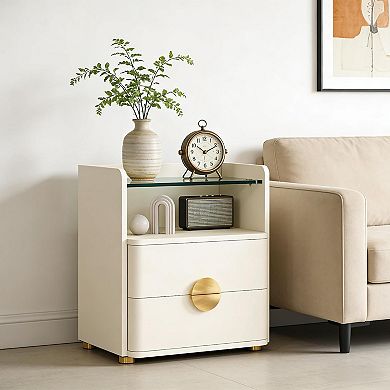 Minimalist Side Cabinet Bedside Table Nightstand with 2 Drawers and Open Shelf