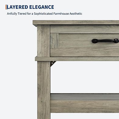 IDEALHOUSE Gray Farmhouse 3-Tier Console Table with 2 Drawers